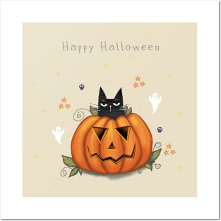 Halloween cute black cat and spooky pumpkin. Posters and Art